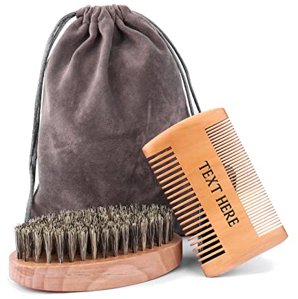 Set di spazzole personalizzate per barba e barba, con incisione, set per la cura della barba per uomini, spazzola naturale con setole di cinghiale, spazzola e pettine in legno di pero a doppia azione