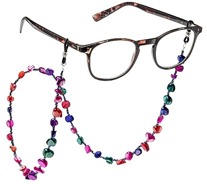 FEFI - Catena di occhiali: MIA con vera madreperla colorata e perle di vetro - per occhiali da sole, occhiali da lettura o occhiali correttivi - con passanti in silicone, Multicolore, Taglia unica