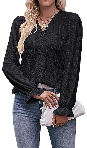 Coloody Långärmad blus för kvinnor enfärgad lös avslappnad elegant V-hals Chiffong Spets T-shirt Toppar, Kläder Dam, Svart, XXL