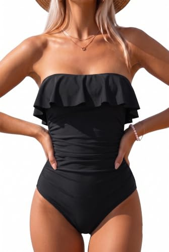 Holipick - Bañador de una pieza sin tirantes con control de abdomen y volante, estilo bandeau, efecto moldeador para mujer, Negro, XL