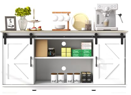 Panana Sideboard, Küchenschrank mit 2 Schiebetüren und Verstellbarem Regal, Aufbewahrungsschrank für Küche, Wohnzimmer, Esszimmer, 150 x 40 x 71 cm (Weiß+Holz)