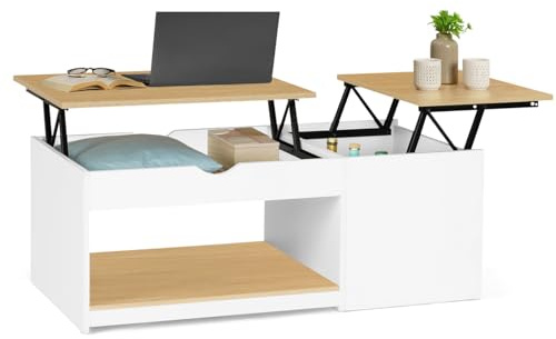 IDMarket – Mesa baja con 2 bandejas elevables EYLA con baúl de madera blanca y haya