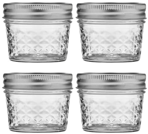 Ball Wide Mouth Quilted Crystal Jelly Jars with Lids and Bands, Used for Canning, Pickling, Juice, Jam, Jelly, Quarter Pint Size (4 Ounce (Pack of 4))