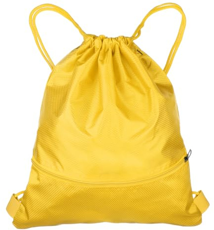 QUARKZMAN Mochila De Cuerda 16.5 x 19.3 Tela De Oxford A Granel Saco De Cierre Unisex Impermeable Con Bolsillos De Cremallera Para Deportes Gimnasio Viajes Natación Playa, Amarillo