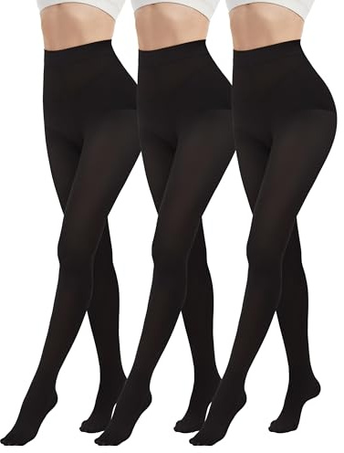 DDOBB 3 Pairs 80D Tights for Women Opaque Black High Waisted Stockings Womens Footed Pantyhose with Reinforced Toe Black Large-X-Large