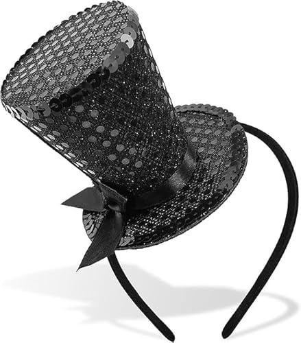 Myqiqi Mini Top Hat Headband, Sequins Tea Party Headpiece Fascinator for Women Lady Gril 1920s Gatsby Party Costume Accessory (Black)