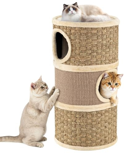 COSTWAY Cat House for Indoor Cats, 3/4-Story Cat Hideaway Cave Bed with Sisal Scratching Pad & Napping Plush Bed, Barrel-Shaped Kitten Condo Pet Playhouse (Khaki + Brown, 36 x 36 x 70cm)