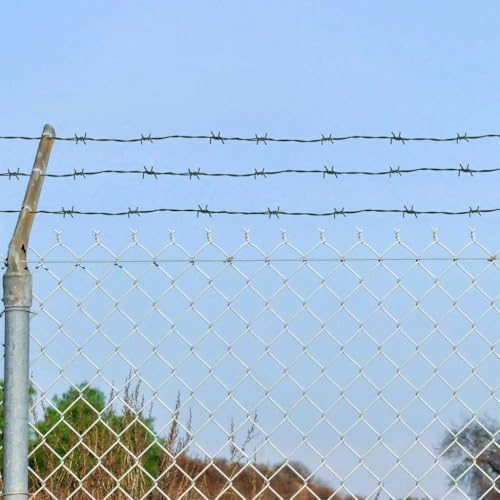 Filo spinato verde, 50 m, in acciaio zincato a caldo, rete metallica, filo di legatura e filo avvolgente per giardino, edilizia, officina, sicurezza e montaggio, con robusta catena di blocco