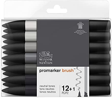 Winsor & Newton, Promarker Brush, Neutral Tones, Set of 12 + 1 Blender, Alcohol Based Dual Tip Markers