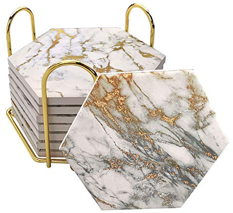 Coasters Set of 8 with Metal Holder Stand, Marble Design Ceramic Coaster Set, Cork Base, Gold Home Decor for Tabletop Protection, Gold Decor, Bar Cart Accessories (Golden)