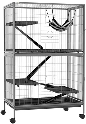 PawHut Small Animal Cage for Chinchilla Ferret Kitten on Wheels with Hammock Removable Tray, Grey