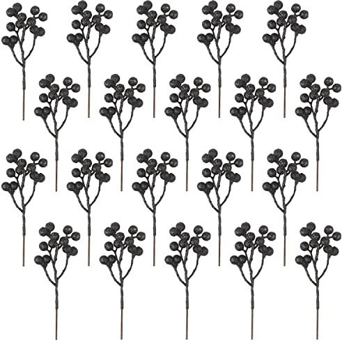 Fangoo 20 Pack 18cm Christmas Artificial Black Berries Stems Holly Berries Burgundy Black Berries Picks Berry Branches for Christmas Tree Xmas Wreath Crafts Wedding Winter Home Decoration