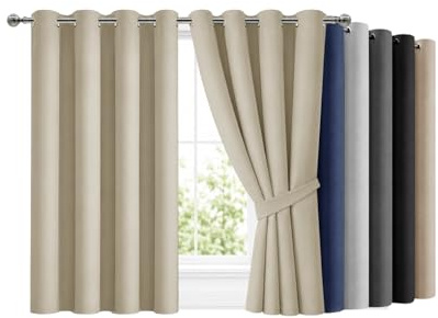 Hafaa Blackout Curtains for Bedroom 46 X 54 Inch Eyelet Cream Curtains for Living Room Super Soft Thermal Curtain & Drapes 2 Panels with Tiebacks