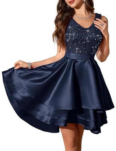 Meetjen Women's Short Cocktail Party Dress for Wedding Guest Hi Low Satin Homecoming Formal Evening Ball Dresses Navy M