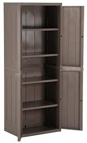 Keketa Gartenschrank Spindschrank Multifunktionsschrank mit 4 Ablagen Terrassenschrank Balkonschrank für innen und außen Braun 65x45x172 cm Rattan-Optik