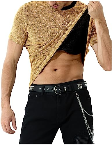 Casey Kevin Camisetas Lentejuelas Hombre Camisa Rock Fiesta Discoteca Ropa Punk Metalizada Brillo Negra Manga Corta Suaves Brillante Plateada Interior Club Nocturno Jazz Hip Hop Dance Clubwear