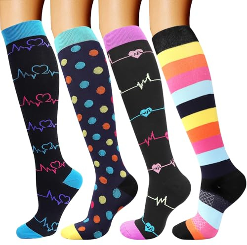 DRESHOW 4 Paires Chaussettes de Compression pour Femmes & Hommes Circulation pour Athlétisme,Course,Cyclisme,Voyage