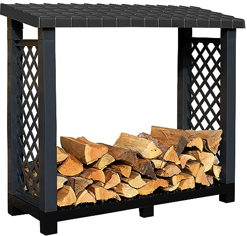 NYVI Kaminholzregal mit Dach & erhöhtem Boden für Außen - Recycelter Kunststoff - Wetterfest, Stabil, Langlebig - Kaminholzunterstand 114x102x47 cm Schwarz Outdoor - einfache Montage ohne Werkzeug