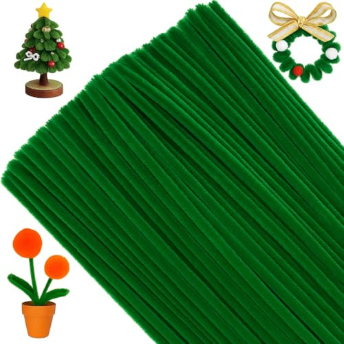 Green Pipe Cleaners for Craft Flowers, 50 Long Dark Green Chenille Stems