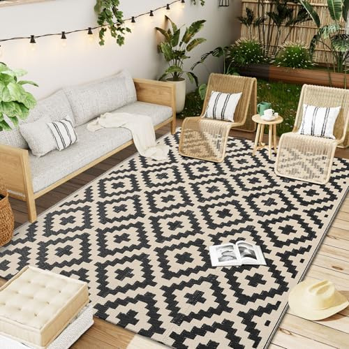 OLANLY Outdoor Rug 5x8 ft Waterproof Reversible Mat, Black & Beige