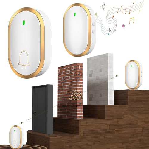 WYFCR Sonnette sans Fil Extérieur Étanche 300 Mètres Sonnette de Porte, 60 Mélodies au 4 Niveaux Volumes,Kit d'un Récepteur et d'un Emetteur, Voyant LED pour Maison Bureau Hôtel Urgence