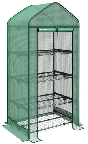 Outsunny Serra per Piante a 4 Ripiani con Porta Avvolgibile, Piccola Serra in Metallo e PE, 69x49x158 cm, Verde scuro