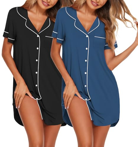 Ekouaer Nightgowns for Women 2 Pack Button Down Sleepwear Short Sleeve Sleepshirts Soft Nightshirts Boyfriend Pajama Dress,Black/Blue,XL