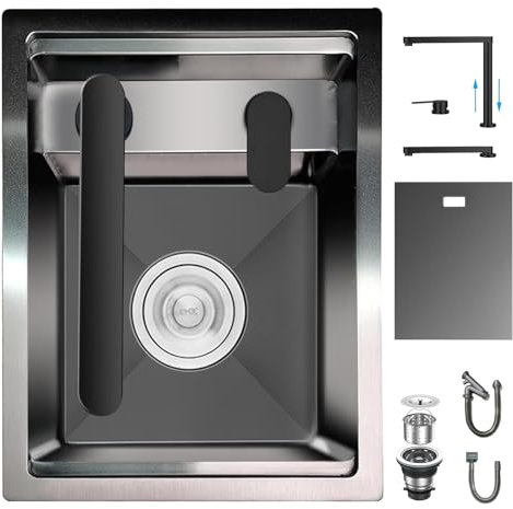 Miuxe Évier De Cuisine Dissimulé Caché avec Robinet Et Couvercle Pliants, Éviers De Bar De Poste De Travail sous Plan en Acier Inoxydable, Éviers De Lavabo Une Cuve pour Petite Cuisine