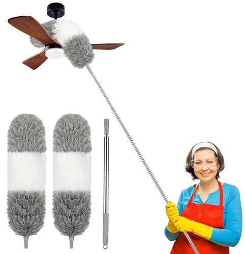 ktxaby Duster Set with Extension Pole, 2 Microfiber Heads, 40-250cm Extra Long Aluminum Telescopic Pole, Bendable Cleaner for Ceiling Fan, Blinds, Furniture, Cars