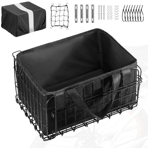 ONZILLO Bike Basket Rear, Bicycle Basket Foldable with Rainproof Cover and Removable Liner Bag, Metal Electric Basket for Adult Women Men Carrying Small Dogs Cats Pets, Grocery, 14.9×10.7×8.4