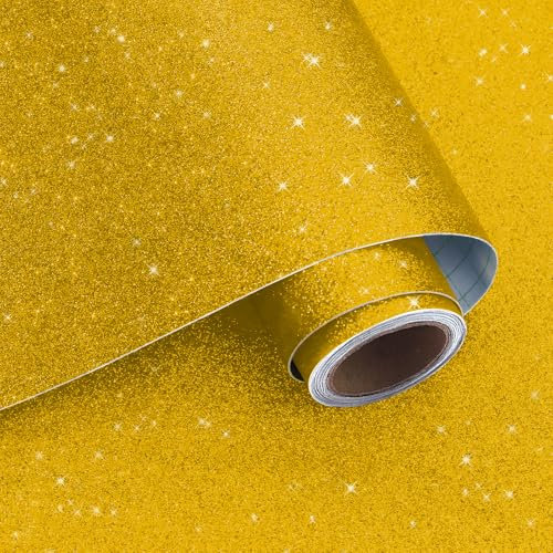 VaryPaper Gold Glitter Self Adhesive Wallpaper 40cmx200cm Glitter Fabric Contact Paper Sticky Back Plastic Gold Sparkle Wallpaper for Bathroom Hallway Cupboard Sticker Furniture Wrap Gift Wrapping