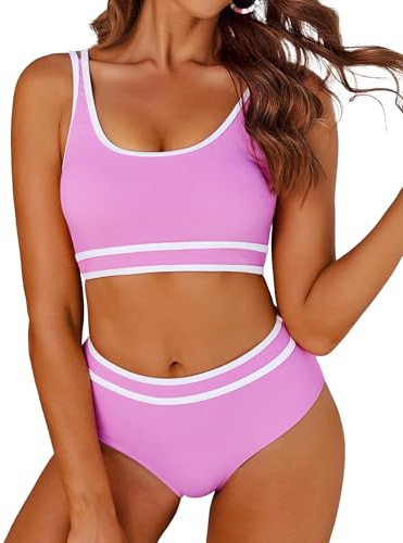 AI'MAGE Bikini damset baddräkt mage way sport bikiniset hög midja badmode push up ribbad, ROSA, S