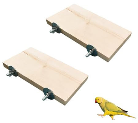 Bird Cage Platform & Swing Set, Natural Wooden Perch Stand | 2 natural wood bird perch set with swinging platform and bells, a cage accessory that promotes foot health for small birds.