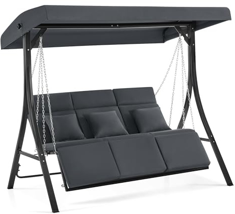 M MCombo Hollywoodschaukel mit Liegefunktion, Gartenschaukel 3 Sitzer Wetterfest, Outdoor Schaukelbank mit Metallketten, Verstellbarem Dach, 123 * 194 * 169 cm, 8018 (Dunkgelgrau)