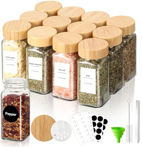 Cozary Barattolo di Spezie 120ml 12pcs Spezie Vetro con Coperchio in Bambù con Etichette Spezie Pennello Etichetta per Spezie Sale Semi Zucchero Caffè Tè e Contenitori