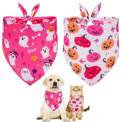 Bandana Chien Halloween 2 Pièces, Citrouille Fantôme Rose Collier Bandana Chien, Foulard Ajustable Halloween Chien