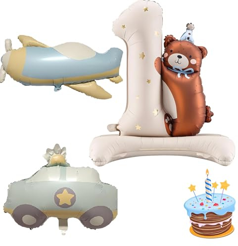 3 stycken dekoration 1. Födelsedag pojke, kräm teddy björn stående ballong 1. Födelsedag, bilar och flygplan folieballong för pojkar födelsedagsfest dekoration