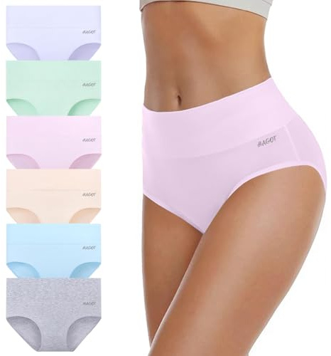 HAGOT Lot de 6 Culotte Femme Coton Élasticité, Slips Taille Haute, sous-Vêtements Sport Elasticité Doux pour Femmes, Confort Respirant, M
