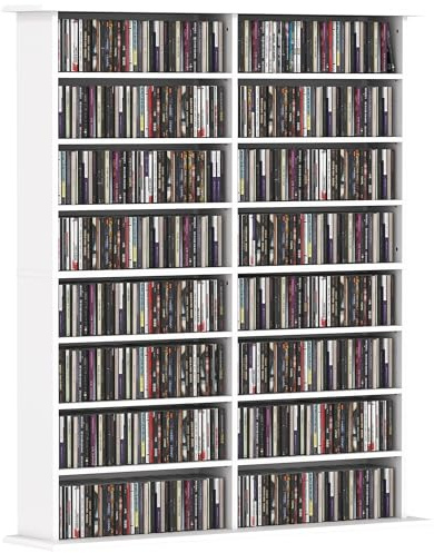 HOMCOM Mobile Porta CD con 12 Ripiani Regolabili, Scaffale Porta 720 CD/396 DVD Salvaspazio in Legno, Mobile Portacd con 16 Scomparti, per Soggiorno Camera da Letto Ufficio, 106.5x24x126.3cm, Bianco