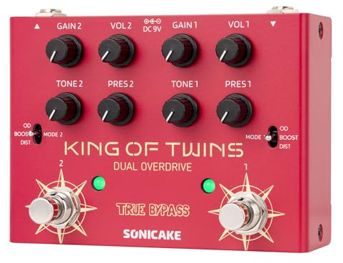 SONICAKE Overdrive Pedal, Dual Channel 3 Modes - Overdrive/Boost/Distortion Compact Effects Pedal for Bass Electric Guitar, Pure Analog Circuit, True Bypass - King of Twins QDS-08