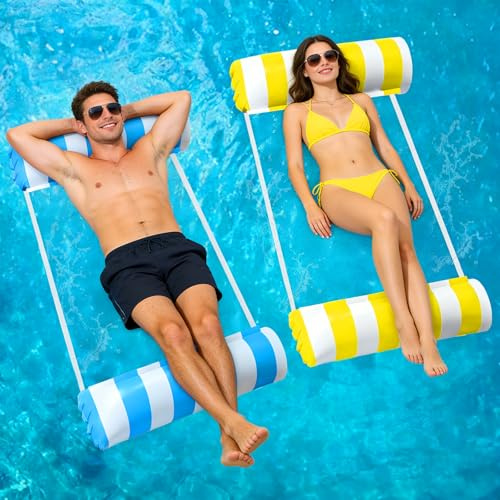 GOLDGE 2 Pezzi Materassino Mare, 4 in 1 Multiuso Piscina Gonfiabile, Amaca Galleggiante Gonfiabile per Adulti da Spiaggia e Piscina (Blu e Giallo)