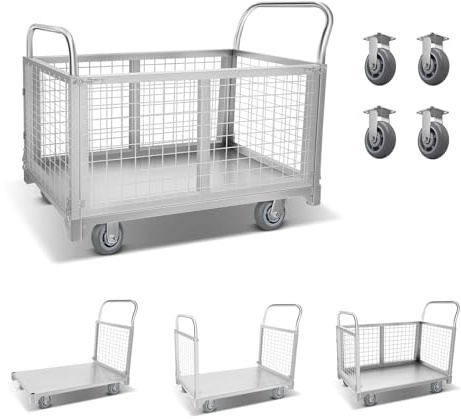 Platform Truck Cart with Cage, 4-in-1 Foldable Heavy Duty Hand Truck Flatbed Cart with Universal Wheel, for Gym and Sports Equipment Transport