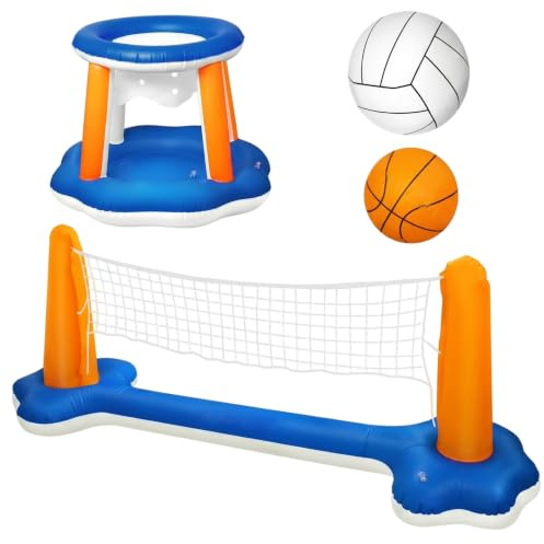 Red flotante de voleibol para piscina, red de voleibol para piscina y juego de baloncesto, juego de agua inflable flotante con 2 bolas, juguetes de verano para exteriores/interiores para adultos, fam