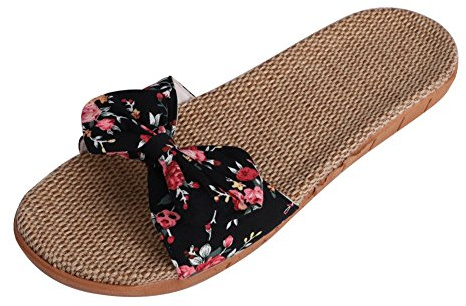 LONTG Pantoufle Lin d'été Femme Sandales Plates avec Papillon de Nœuds Chaussons de Plage Piscine Voyage Respirant Anti-glisse Slipper Bout Ouvert Tongs Semelle Léger d'intérieur Extérieur Noir 37-38