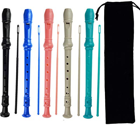 Kasteco 5 Pack German Style 8 Hole-3 Piece Descant Soprano Recorders with Cleaning Rod, Black Storage Bag, ABS Material (5 Colors)