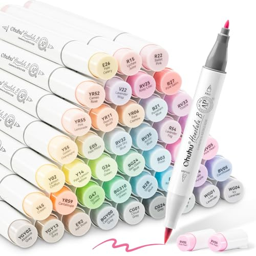 Ohuhu Pastel Markers Brush Tip, Alcohol-Based Markers Double Tipped Artist Art Markers for Sketch Adults' Coloring Illustration, 48 Pastel Colors +1 Alcohol Marker Blender + Marker Case, Brush & Fine