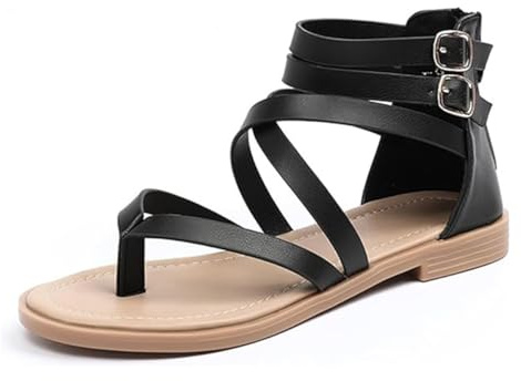 BININBOX Sandalias de Mujer Correas de verano Sandalias Planas Lideñas Romanas Sandalias de dedos (Negro, numeric_39)