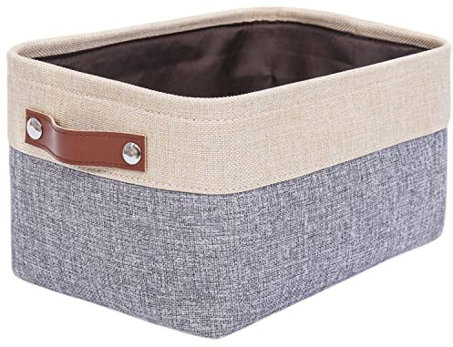 Mangata Scatola di immagazzinaggio in Tessuto di Tela Pieghevole con Manici in Pelle, Cestino di stoccaggio Pieghevole per Lavanderia, mensola, Giocattoli (Grigio/beige, Medium)