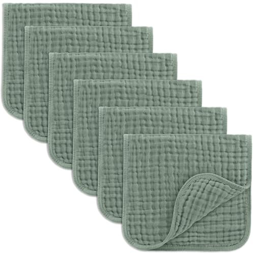 Comfy Cubs Muslin Burp Cloths 50 x 25 cm, Pack of 6 - Large 6-Layer Ultra-Absorbent 100% Cotton for Babies Drool & Messes - Safe & Gentle Baby Burp Cloth Set for Boys & Girls - Fern