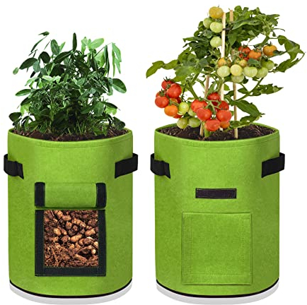 Froadp 27L Pflanzenwachstumstaschen Set 7 Gallonen Kartoffeln Pflanzsack mit Klettverschluss Fenster & Griff Filzstoff Pflanztasche Pflanztopf für Blumen Kartoffeln Pflanzen Gemüse (Grün, 2 Stück)